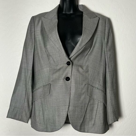 Escada plaid blazer Windowpane Black White Classic Wool Single Breast 42 L - Picture 6 of 16